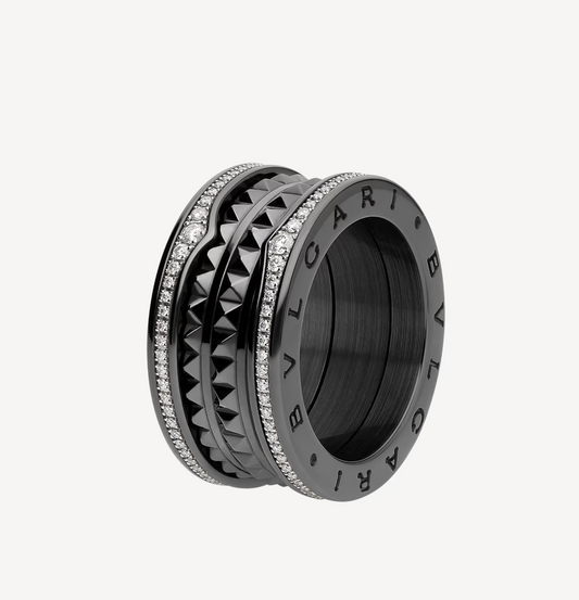 [Psychic Jewelrys]ZERO 1 ROCK FOUR-BAND BLACK CERAMIC WITH STUDDED SPIRAL AND PAVED DIAMONDS RING
