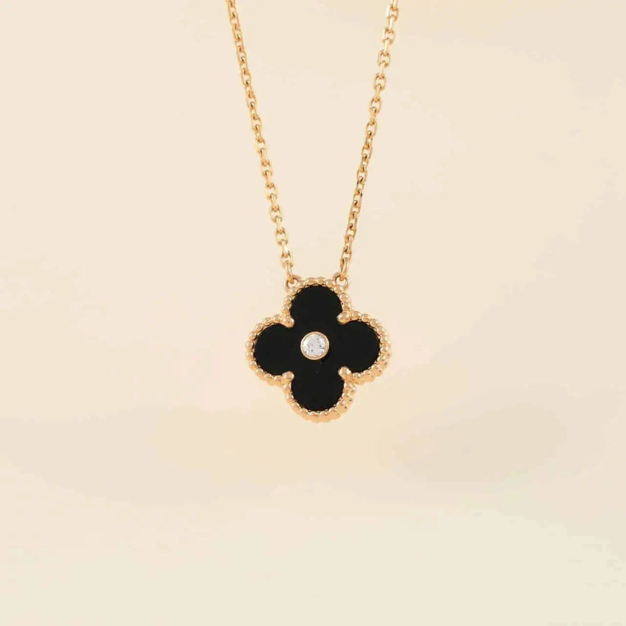 [Psychic Jewelrys]CLOVER 15MM DIAMOND ONYX NECKLACE