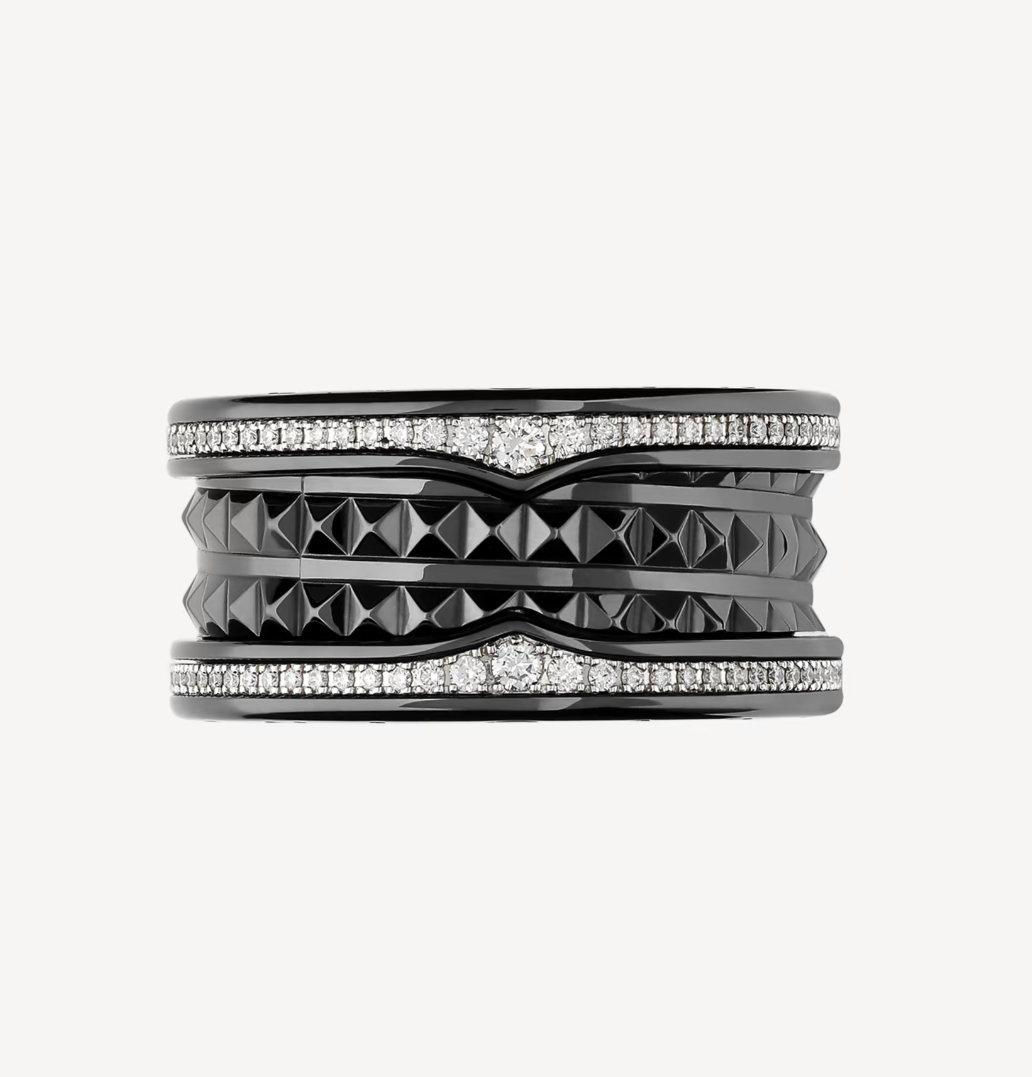 [Psychic Jewelrys]ZERO 1 ROCK FOUR-BAND BLACK CERAMIC WITH STUDDED SPIRAL AND PAVED DIAMONDS RING