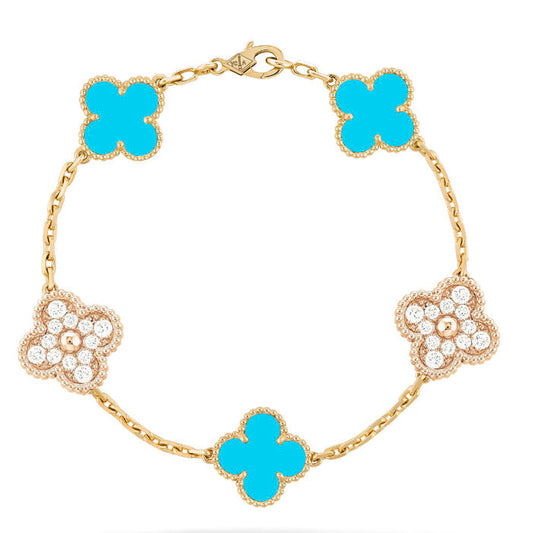 [Psychic Jewelrys]CLOVER 5 MOTIF TURQUOISE DIAMOND GOLD BRACELET