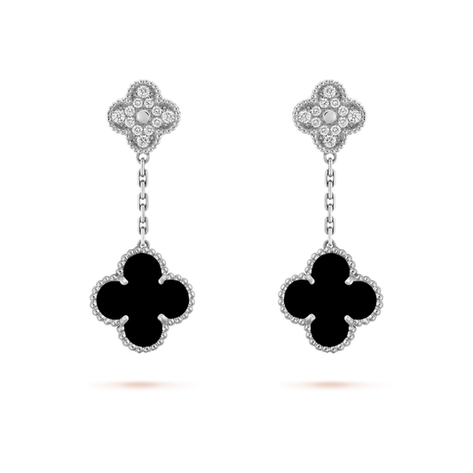 [Psychic Jewelrys]CLOVER 2 MOTIFS  DIAMOND ONYX EARRINGS SILVER