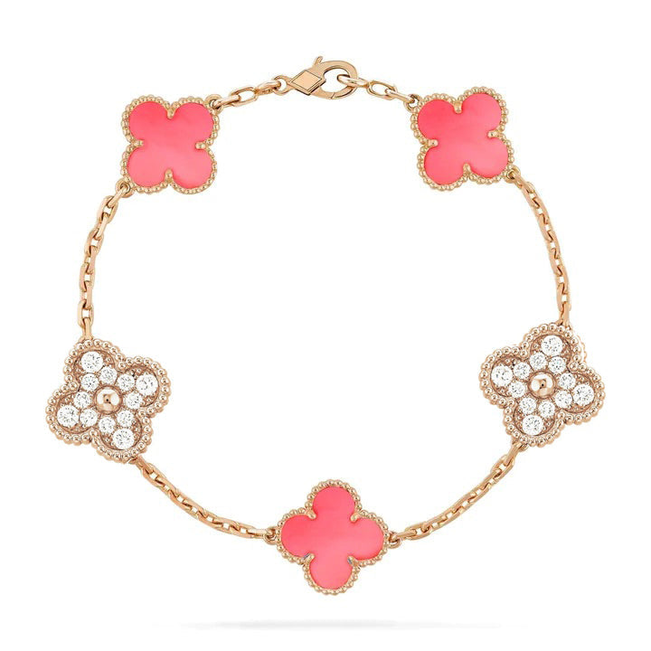 [Psychic Jewelrys]CLOVER 5 MOTIF DIAMOND PINK MOP PINK GOLD BRACELET