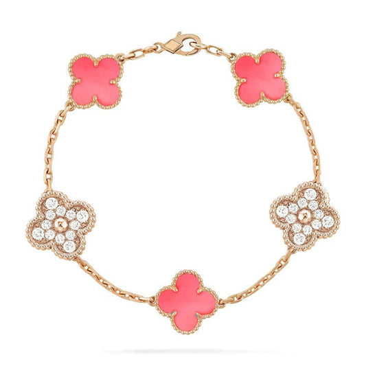 [Psychic Jewelrys]CLOVER 5 MOTIF DIAMOND PINK MOP PINK GOLD BRACELET