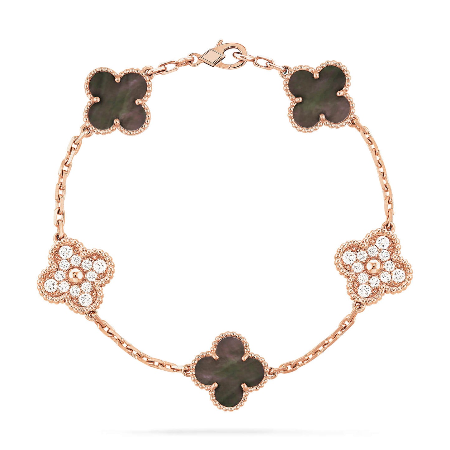 [Psychic Jewelrys]CLOVER 5 MOTIFS DARK MOP AND DIAMONDS PINK GOLD BRACELET