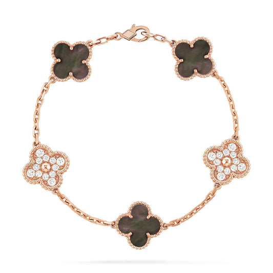 [Psychic Jewelrys]CLOVER 5 MOTIFS DARK MOP AND DIAMONDS PINK GOLD BRACELET