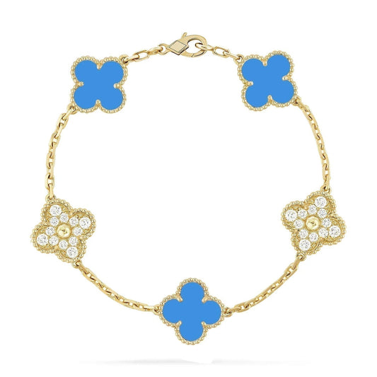 [Psychic Jewelrys]CLOVER 5 MOTIF BLUE CHALCEDONY DIAMOND GOLD BRACELET