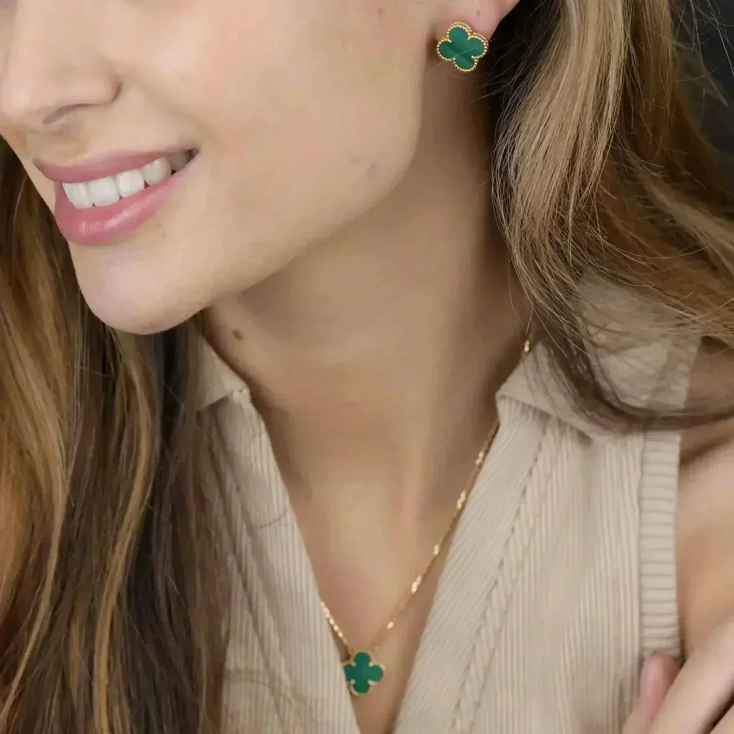 [Psychic Jewelrys]CLOVER MINI 9.5MM MALACHITE  EARRINGS
