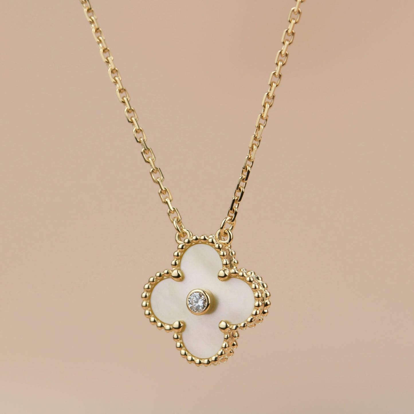 [Psychic Jewelrys]CLOVER 15MM DIAMOND GOLD MOTHER OF PEARL NECKLACE