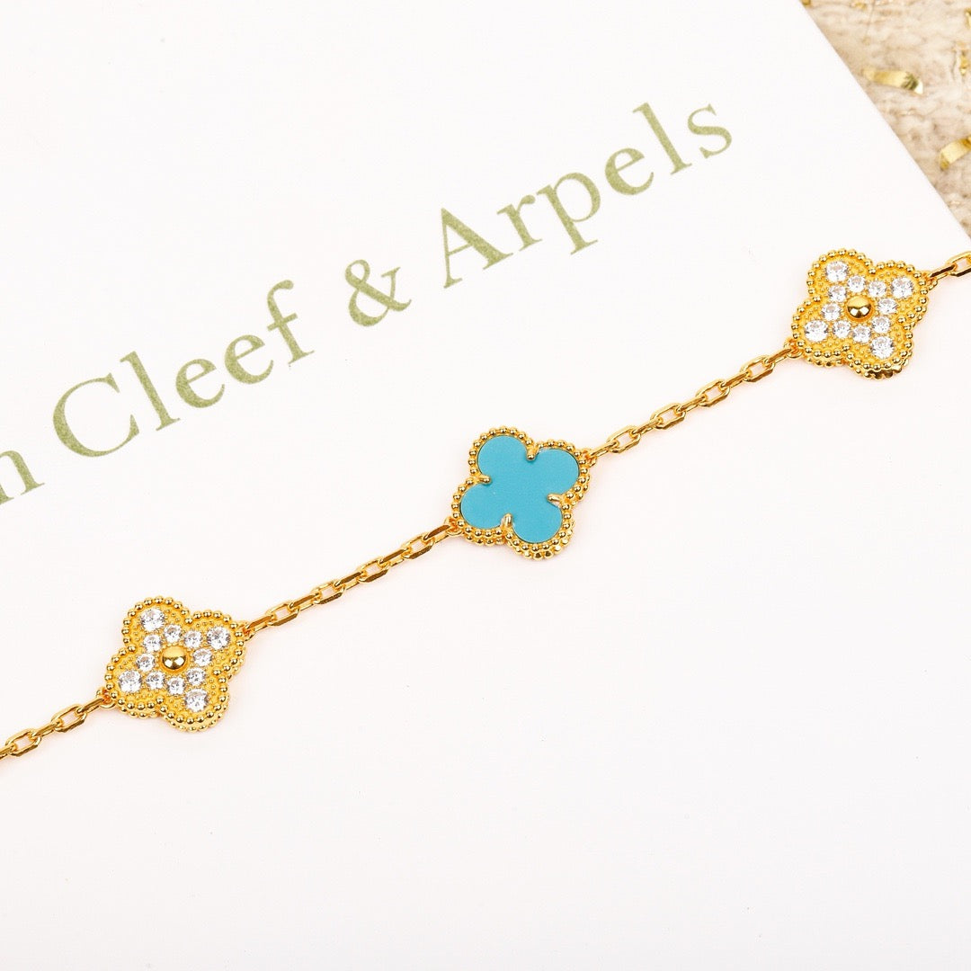 [Psychic Jewelrys]CLOVER 5 MOTIF TURQUOISE DIAMOND GOLD BRACELET