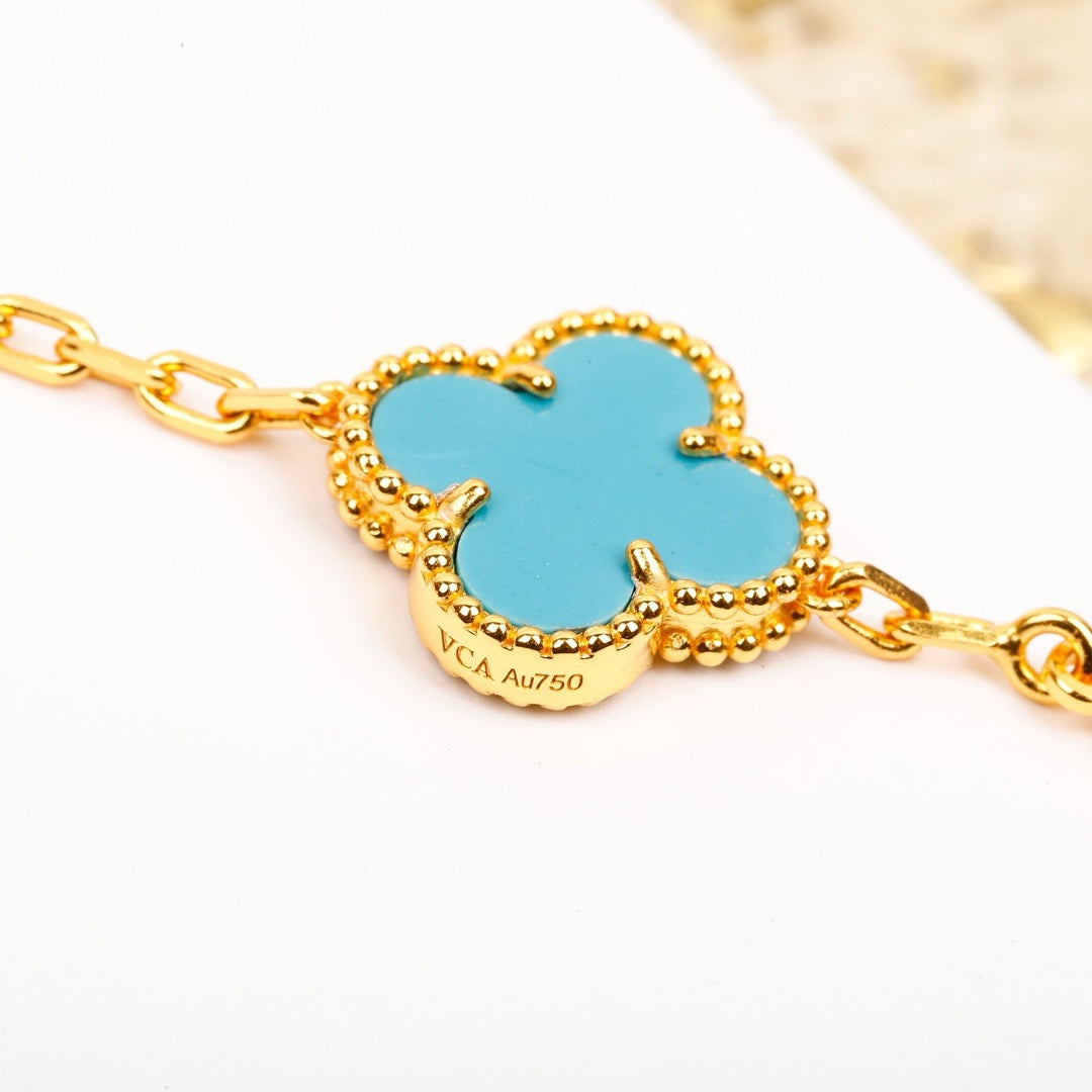 [Psychic Jewelrys]CLOVER 5 MOTIF TURQUOISE DIAMOND GOLD BRACELET