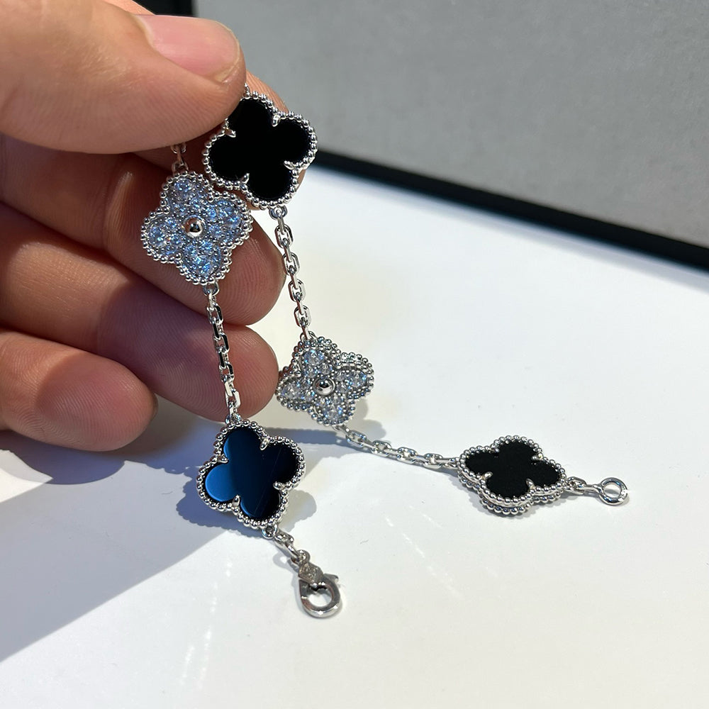 [Psychic Jewelrys]CLOVER 5 MOTIF ONYXS DIAMOND BRACELET SILVER