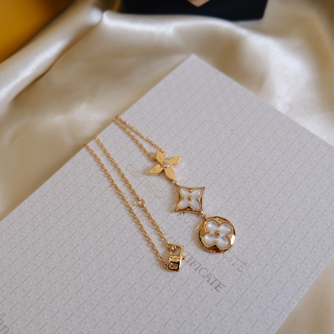 [Psychic Jewelrys]COLOR BLOSSOM LARIAT NECKLACE PINK GOLD WHITE MOTHER PEARL AND DIAMOND