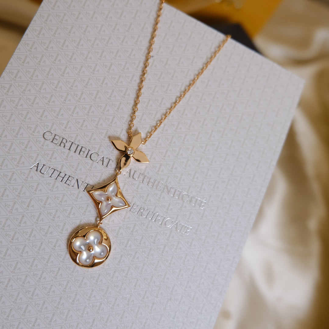 [Psychic Jewelrys]COLOR BLOSSOM LARIAT NECKLACE PINK GOLD WHITE MOTHER PEARL AND DIAMOND