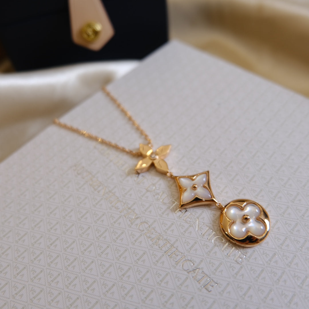 [Psychic Jewelrys]COLOR BLOSSOM LARIAT NECKLACE PINK GOLD WHITE MOTHER PEARL AND DIAMOND