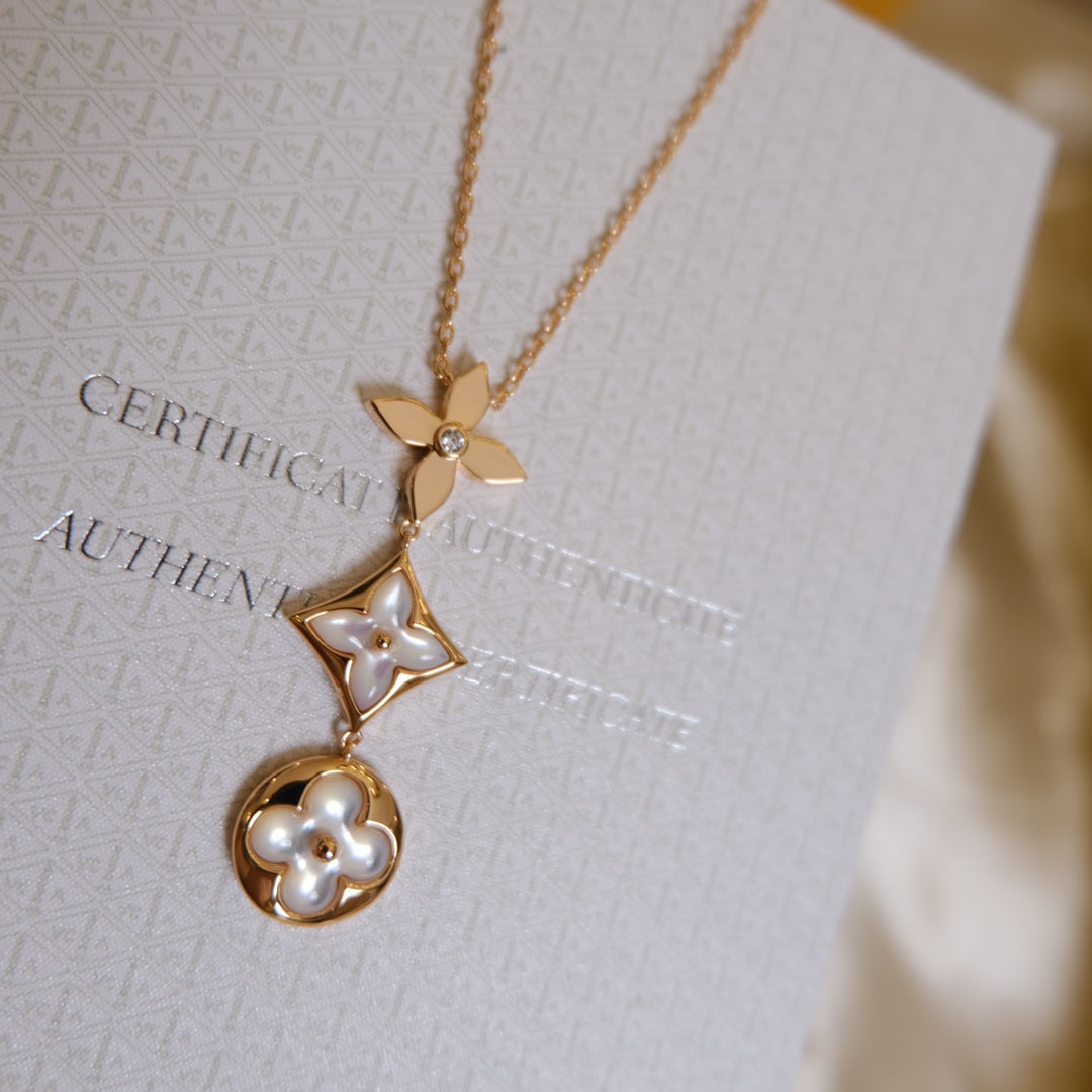 [Psychic Jewelrys]COLOR BLOSSOM LARIAT NECKLACE PINK GOLD WHITE MOTHER PEARL AND DIAMOND