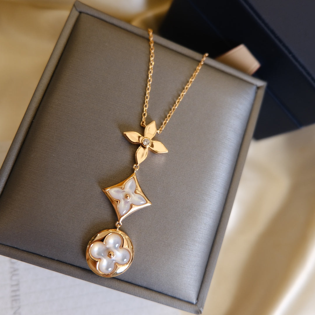 [Psychic Jewelrys]COLOR BLOSSOM LARIAT NECKLACE PINK GOLD WHITE MOTHER PEARL AND DIAMOND