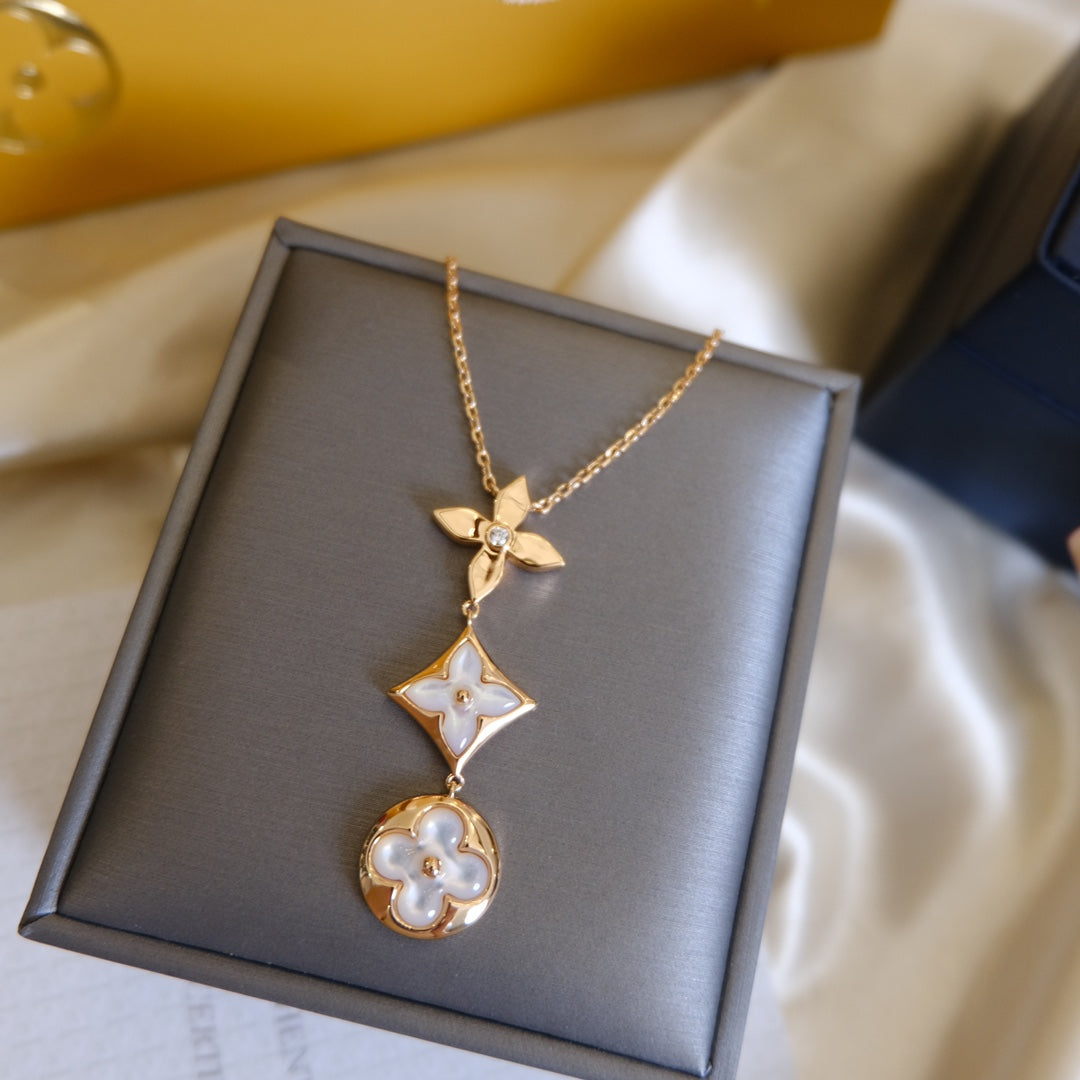 [Psychic Jewelrys]COLOR BLOSSOM LARIAT NECKLACE PINK GOLD WHITE MOTHER PEARL AND DIAMOND