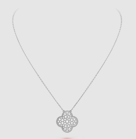 [Psychic Jewelrys]CLOVER 25MM LARGE PENDANT DIAMOND PAVED SILVER NECKLACE
