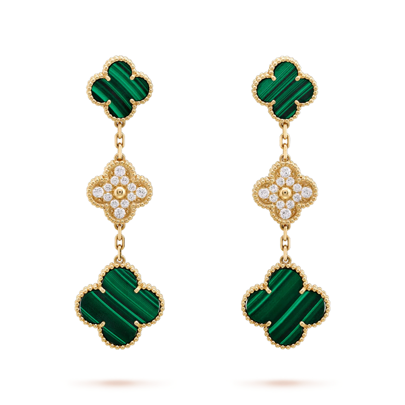 [Psychic Jewelrys]CLOVER EARRINGS GOLD MALACHITE DIAMOND 3 MOTIF
