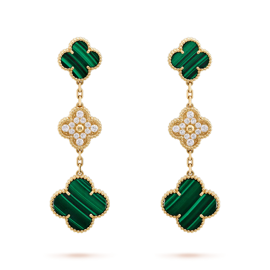 [Psychic Jewelrys]CLOVER EARRINGS GOLD MALACHITE DIAMOND 3 MOTIF