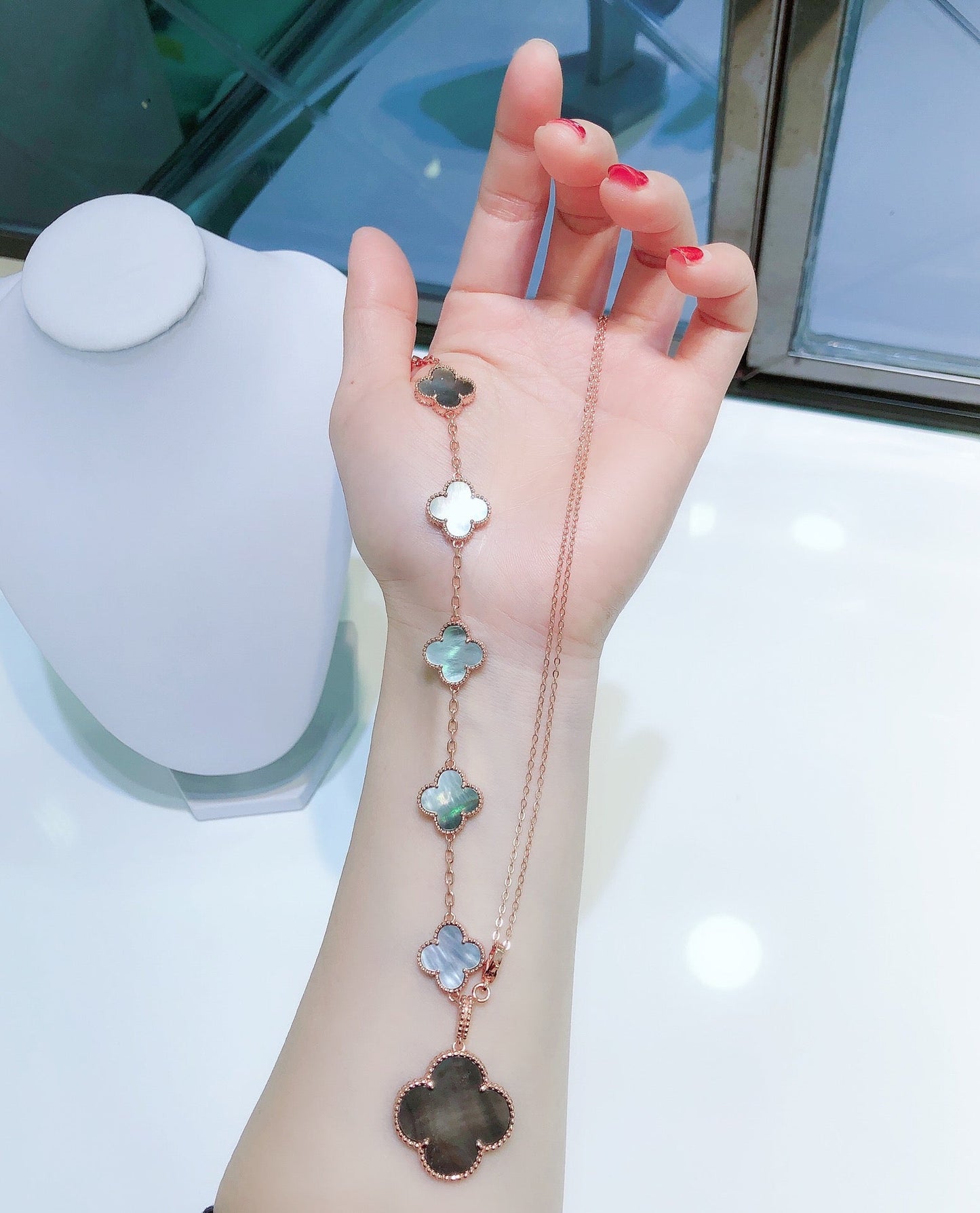 [Psychic Jewelrys]COMBINED BRACELET 5 MOTIFS AND NECKLACE DARK MOP ROSE GOLD
