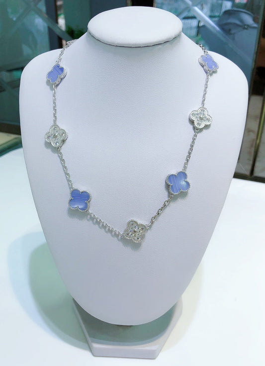 [Psychic Jewelrys]CLOVER 10 MOTIFS CHALCEDONY DIAMONDS SILVER NECKLACE