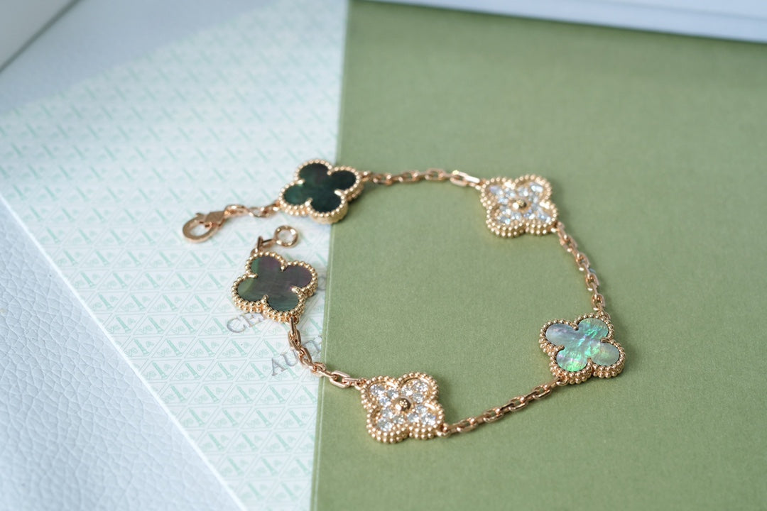 [Psychic Jewelrys]CLOVER 5 MOTIFS DARK MOP AND DIAMONDS PINK GOLD BRACELET