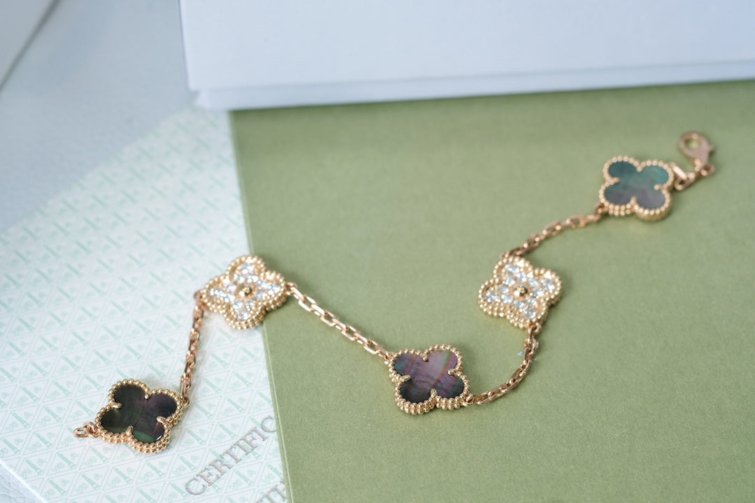 [Psychic Jewelrys]CLOVER 5 MOTIFS DARK MOP AND DIAMONDS PINK GOLD BRACELET