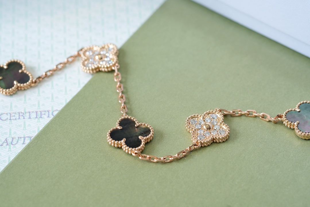 [Psychic Jewelrys]CLOVER 5 MOTIFS DARK MOP AND DIAMONDS PINK GOLD BRACELET