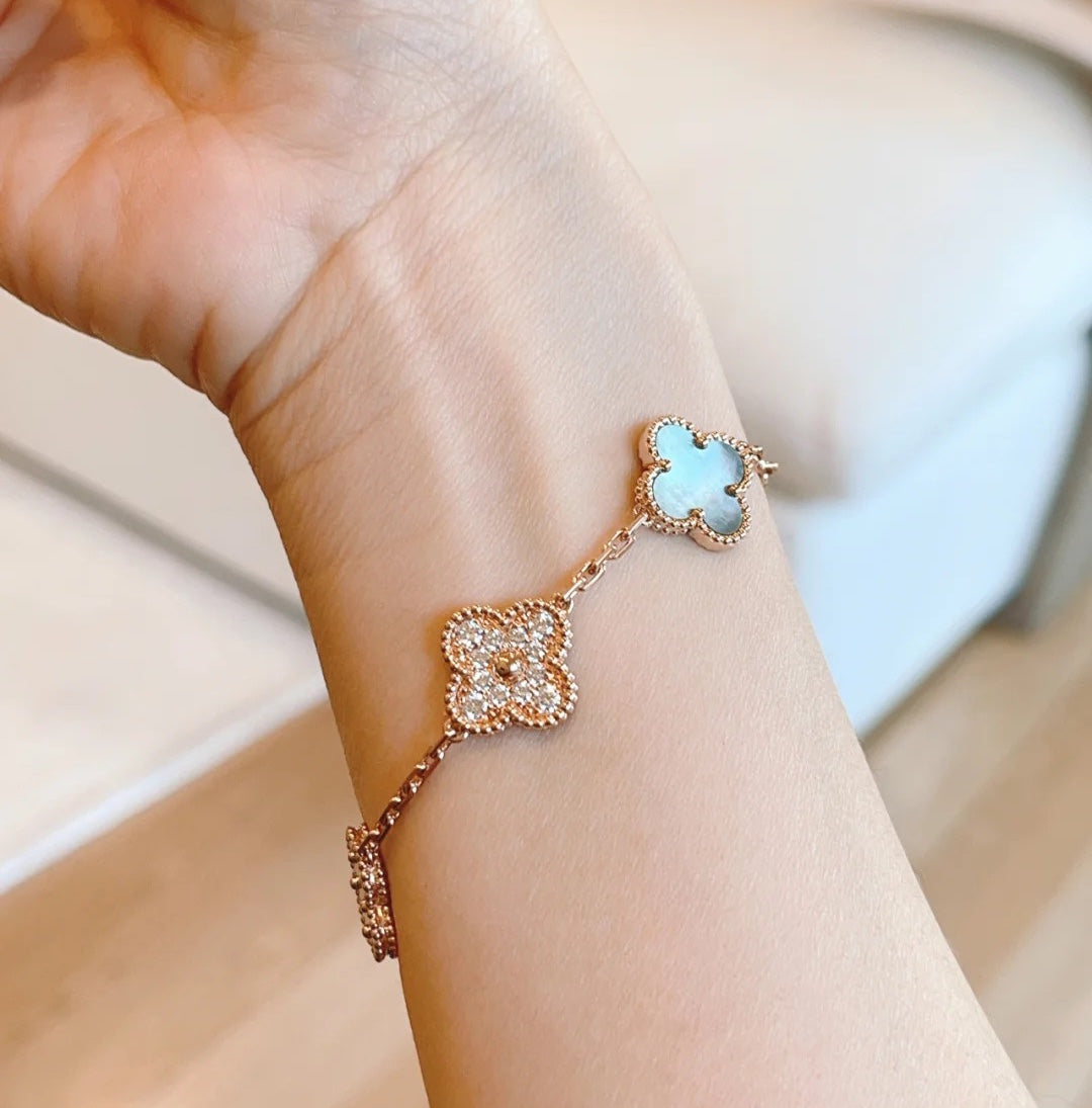 [Psychic Jewelrys]CLOVER 5 MOTIFS DARK MOP AND DIAMONDS PINK GOLD BRACELET