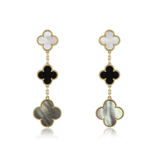 [Psychic Jewelrys]CLOVER EARRINGS GOLD ONYX MOP 3 MOTIF